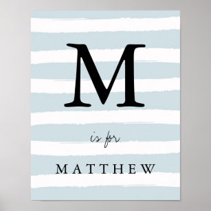 Modern Blue Watercolor Stripes with Black Monogram Poster