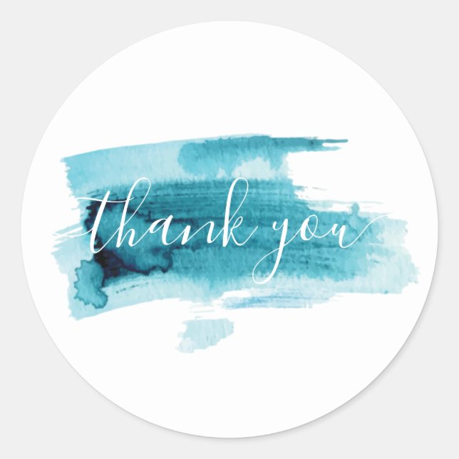 modern blue watercolor thank you. classic round sticker (Front)