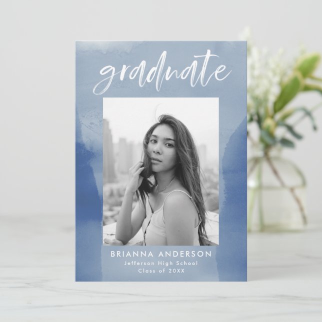 Modern Blue Watercolor Wash Photo Graduation Party Invitation (Standing Front)