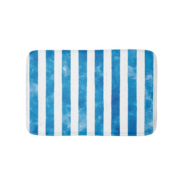 Modern Blue Watercolor White Striped Bath Mat (Front)