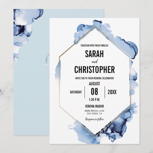 Modern Blue Watercolor with Gold Frame Invitation (Front/Back)
