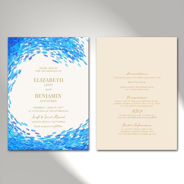 Modern Blue Wave Gold Surfer All in One Wedding Invitation (Creator Uploaded)