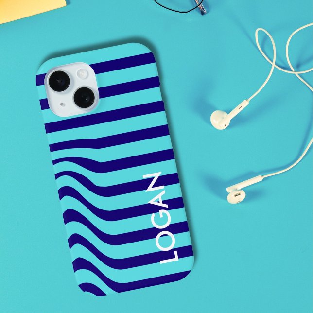 Modern Blue Wave Stripe with Custom Name Case-Mate iPhone Case (Creator Uploaded)