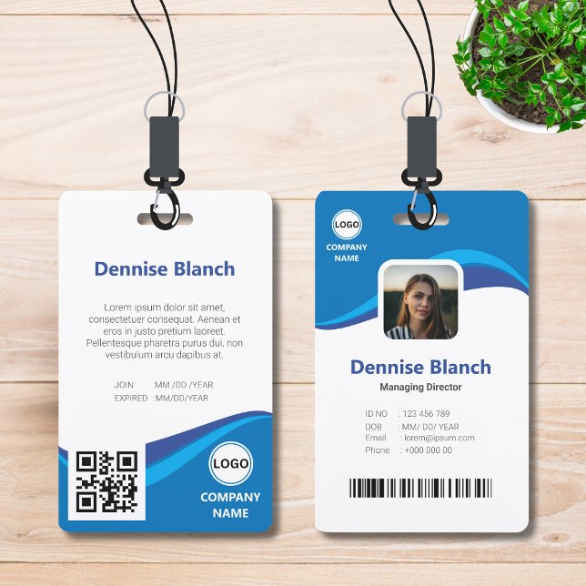 Modern BLue waves, bar code, qr code, photo ID ID Badge (Creator Uploaded)