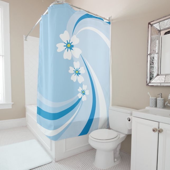 Modern Blue Waves with Sakura Flowers Shower Curtain (In Situ)