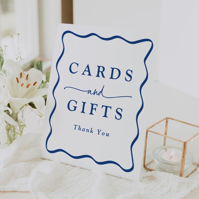 Modern Blue Wavy Frame Cards and Gifts Pedestal Sign (Creator Uploaded)