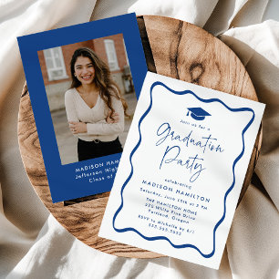 Modern Blue Wavy Frame Photo Graduation Party Invitation