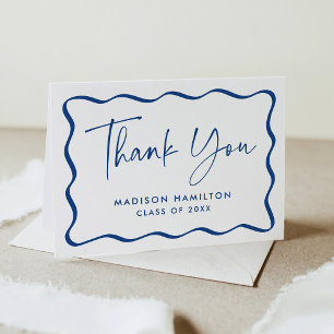 Modern Blue Wavy Frame Photo Graduation Thank You Card