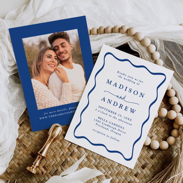 Modern Blue Wavy Frame Photo Wedding Invitation (Creator Uploaded)