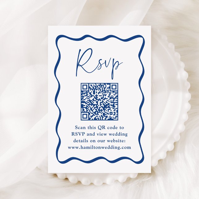 Modern Blue Wavy Frame QR Code Wedding RSVP Enclosure Card (Creator Uploaded)
