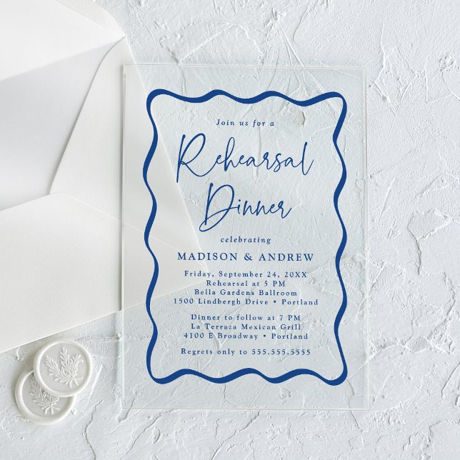 Modern Blue Wavy Frame Rehearsal Dinner Acrylic Invitations (Creator Uploaded)