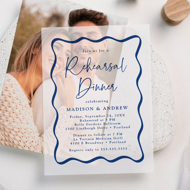 Modern Blue Wavy Frame Rehearsal Dinner Vellum Invitations (Creator Uploaded)