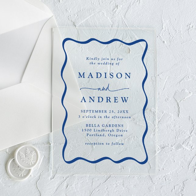 Modern Blue Wavy Frame Wedding Acrylic Invitations (Creator Uploaded)