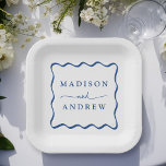 Modern Blue Wavy Frame Wedding Paper Plate<br><div class="desc">Add a stylish touch to your wedding reception, rehearsal dinner, engagement party, or wedding shower with these Modern Blue Wavy Frame paper plates. The retro wedding paper plates display the couple's names in bold blue lettering surrounded by a blue wavy border contrasting with a white background. The trendy wedding paper...</div>