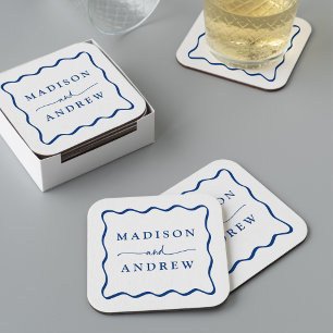 Modern Blue Wavy Frame Wedding Square Paper Coaster