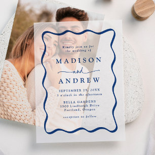 Modern Blue Wavy Frame Wedding Vellum Invitations