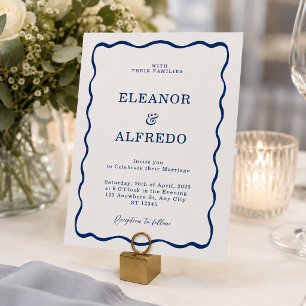 Modern Blue Wavy Wedding Minimalist Retro Invitation