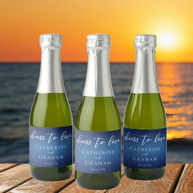 Modern Blue Wedding Custom Cheers to Love Mini Sparkling Wine Label (Creator Uploaded)