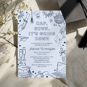 Modern Blue Whimsical Doodle Graduation Invitation