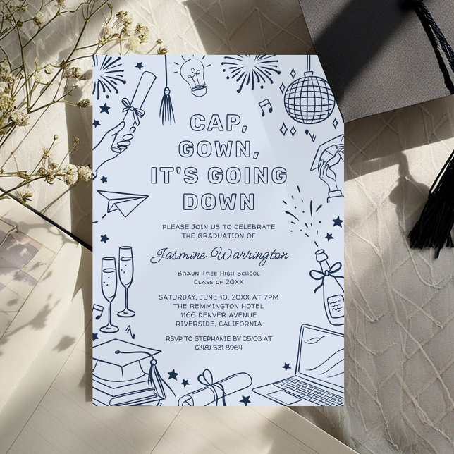 Modern Blue Whimsical Doodle Graduation Invitation (Creator Uploaded)