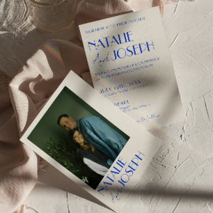 Modern Blue Whimsical French Retro Photo Wedding Invitation