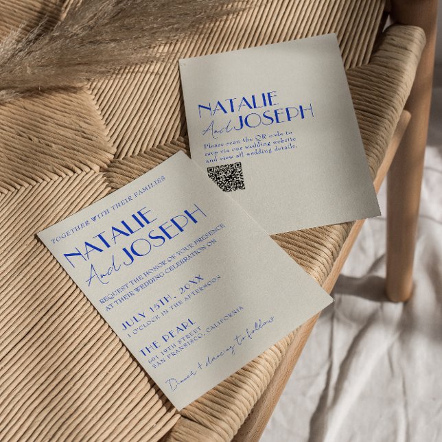 Modern Blue Whimsical French Retro QR Code Wedding Invitation (Creator Uploaded)