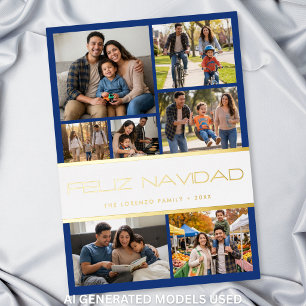 Modern Blue White 7 Photo Collage Feliz Navidad