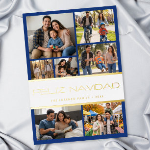 Modern Blue White 7 Photo Collage Feliz Navidad
