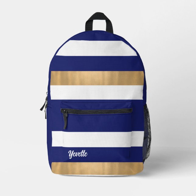 Modern Blue White and Gold Bold Striped Printed Backpack (Front)