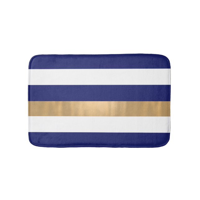 Modern Blue White and Gold Striped Bath Mat (Front)