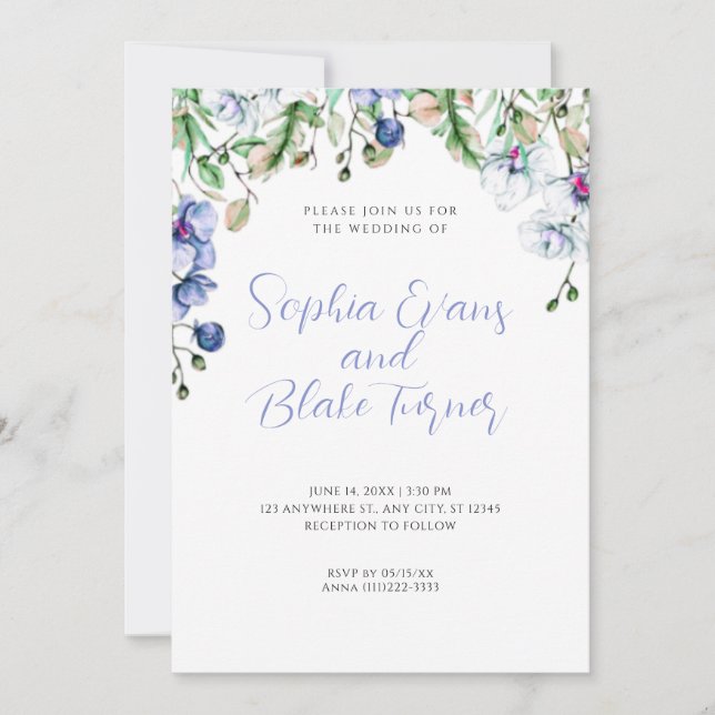 Modern Blue, White and Green Floral White Wedding Invitation (Front)