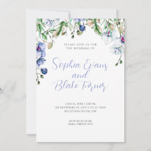 Modern Blue, White and Green Floral White Wedding Invitation