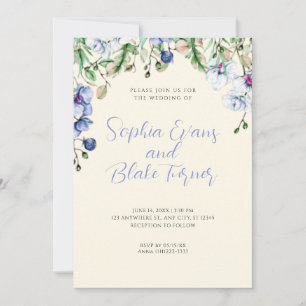 Modern Blue, White and Green Floral Yellow Wedding Invitation