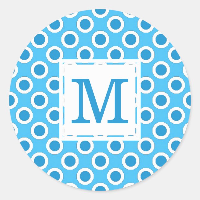 Modern Blue White Big Dots Monogrammed Classic Round Sticker (Front)
