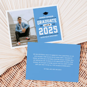 Modern Blue White Black Photo Graduation Announcement