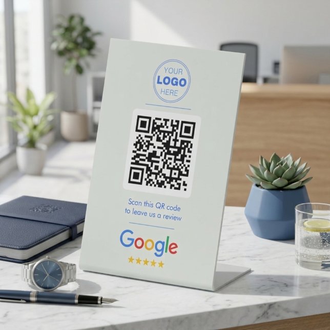 Modern Blue & White Business Review QR Code Pedestal Sign (Modern Blue & White Business Review QR Code Sign | Custom Logo)