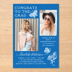 Modern Blue White Butterfly Photo Graduation Party Acrylic Invitations