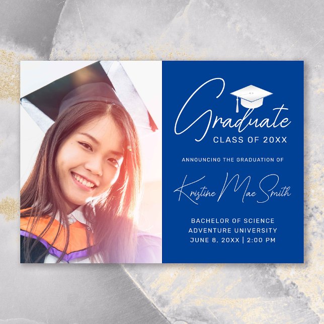 Modern Blue White Cap Photo College Graduation Announcement (Modern Royal Blue White Script Photo College Graduation Announcement)