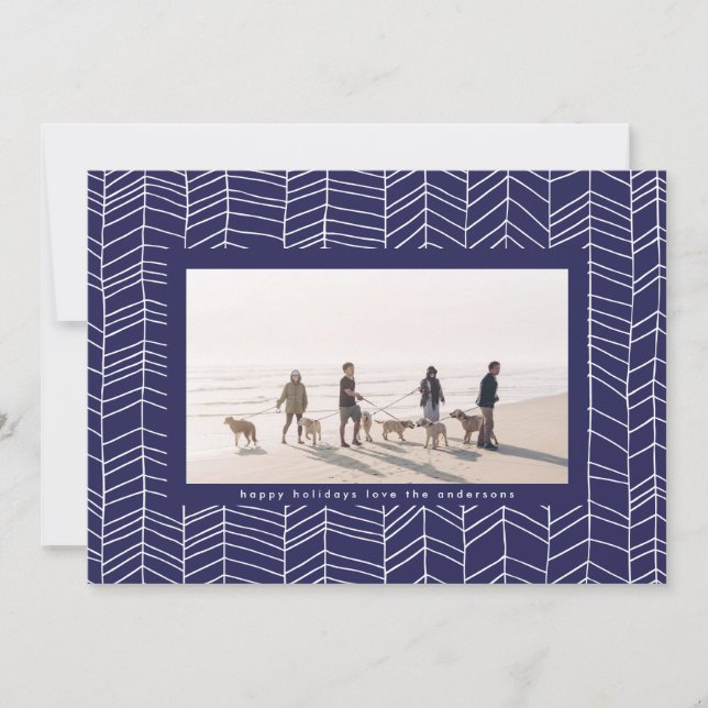 Modern Blue & White Christmas Candy Cane Frame Hol Holiday Card (Front)