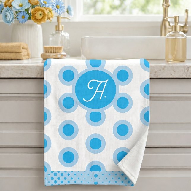 Modern Blue White Circle Ring Pattern Monogram Bath Towel Set (Creator Uploaded)