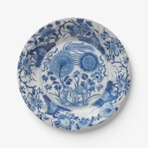 Modern blue white faux porcelain flow floral  paper plate