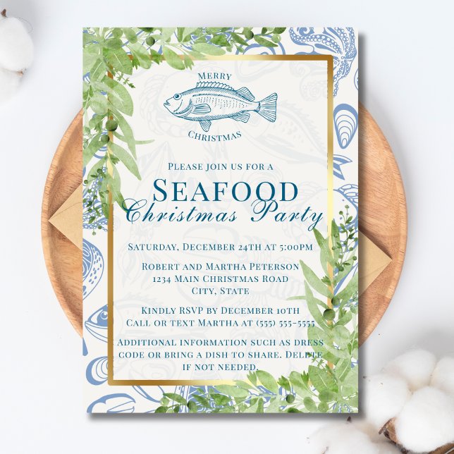 Modern Blue White Fish Seafood Christmas Party Invitation (Creator Uploaded)