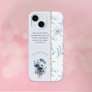 Modern Blue White Floral Bible Verse iPhone 15 Case