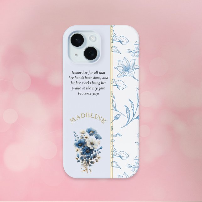 Modern Blue White Floral Bible Verse Case-Mate iPhone Case (Creator Uploaded)