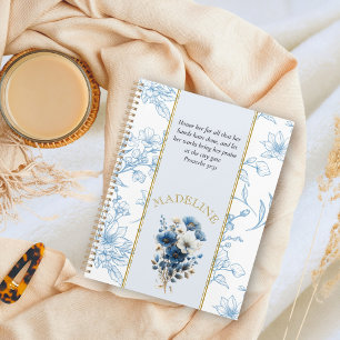 Modern Blue White Floral Bible Verse Custom Name Planner