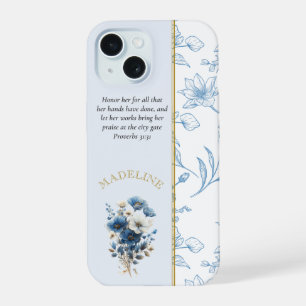 Modern Blue White Floral Bible Verse iPhone 15 Case