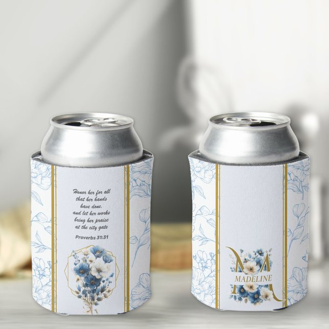 Modern Blue White Floral Bible Verse Monogram Can Cooler (Creator Uploaded)