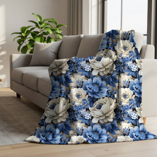 Modern Blue White Floral Ivory Cosy Throw Blanket (Modern Blue White Floral Ivory Cozy Throw Blanket)