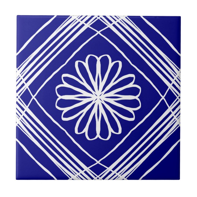 Modern Blue White Flower Line Art Tile (Front)