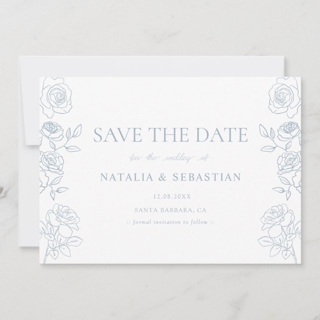 Modern Blue & White French Roses Wedding Save The Date (Front)